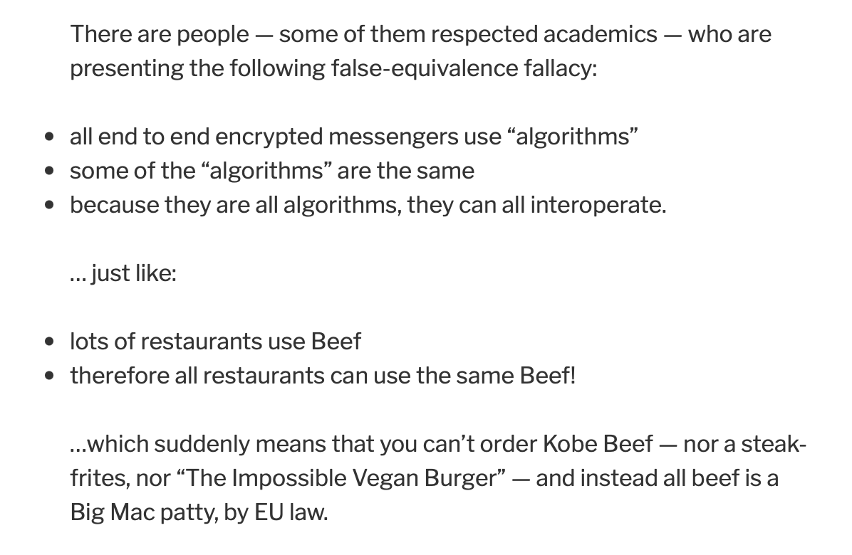 Explaining fundamental problems of the EU #DMA demanding instant #messenger #interoperability, via fun analogies with food & sex — #endtoendencryption #e2ee