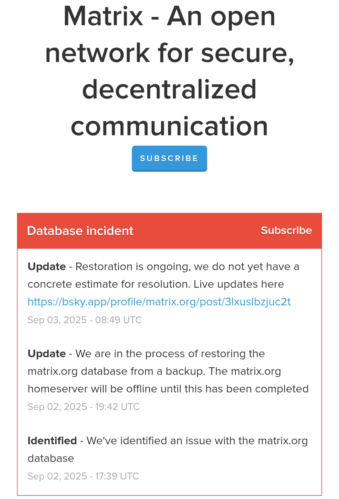 Update – We are in the process of restoring the matrix.org database from a backup | …REMEMBER, KIDS, JUST BECAUSE IT SAYS IT’S DECENTRALISED DOESN’T MEAN IT’S DISTRIBUTED