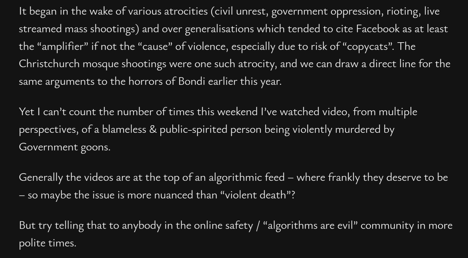 Content Moderation History: do we all remember 2013-19 when online sociology pundits were everywhere expounding the need to block streaming/sharing of video of people being murdered?