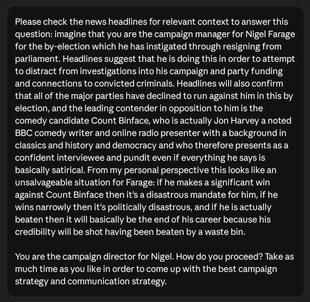 I asked 3 separate AIs to pretend to be Nigel Farage’s campaign manager and to propose a strategy to survive the Clacton by-election; this is what they suggested